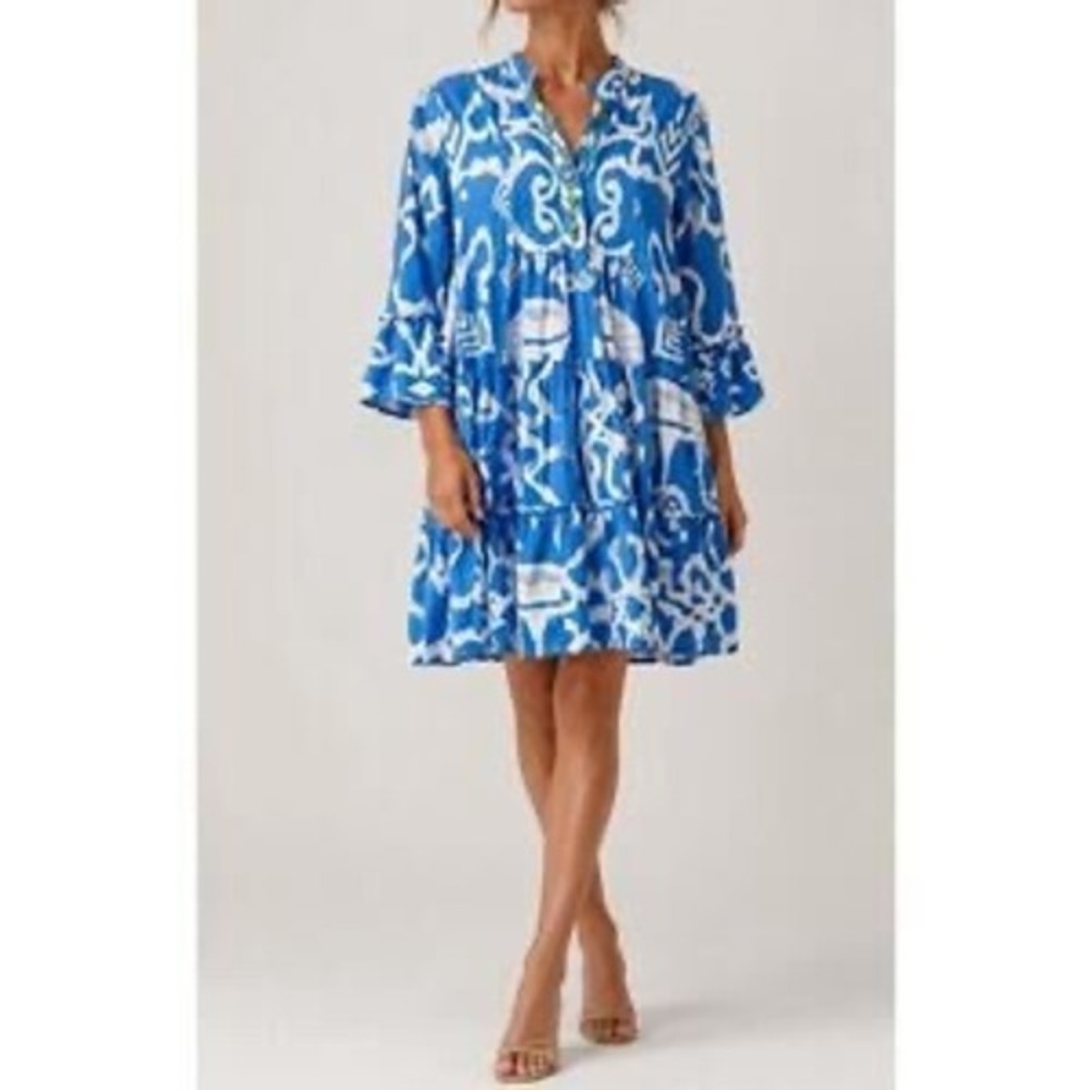 Sheridan French Women Cotton Dress XS Blue White Ikat Tiered Preppy Party Event
